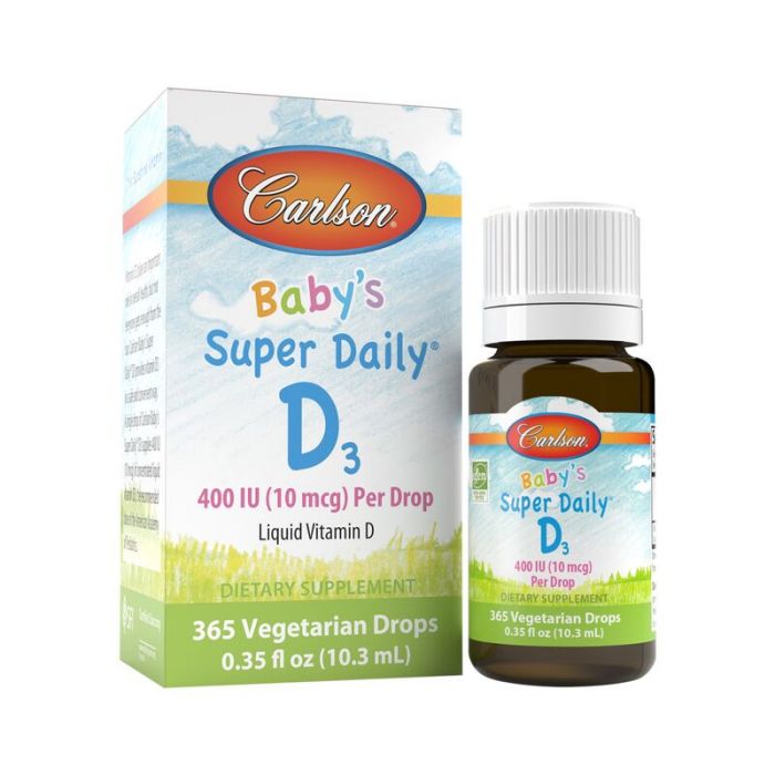 Carlson, Baby's Super Daily D3, 10 mcg (400 IU), 10.3 ml
Carlson, Baby's Super Daily D3, 10 mcg (400 IU), 10.3 ml