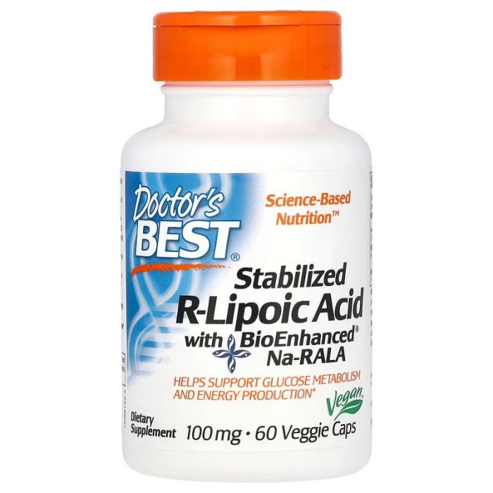 Doctor's Best, Stabilized R-Lipoic Acid with BioEnhanced Na-RALA, 100 mg, 60 Veggie Caps. 753950001237 Doctor's Best, Stabilized R-Lipoic Acid with BioEnhanced Na-RALA, 100 mg, 60 Veggie Caps. 753950001237
